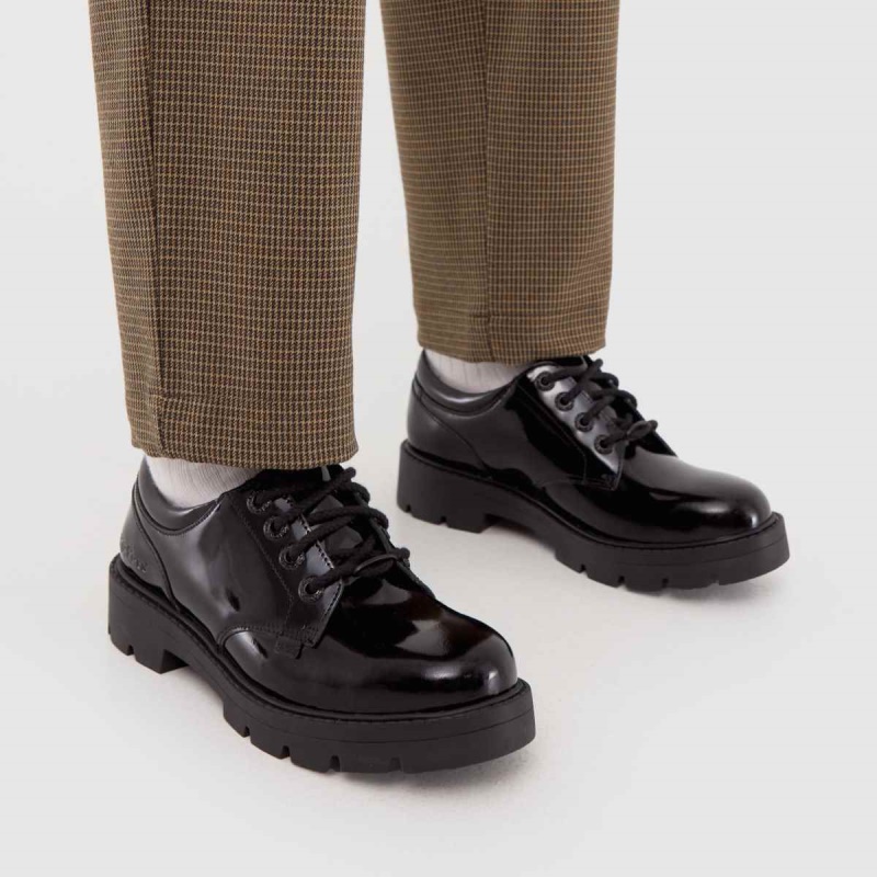 Negro Dr.martens Botas Kickers Kori Zapatos Planos De Charol Derby