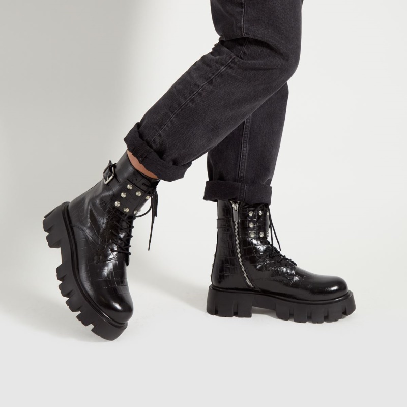 Schuh Antoinette Tachuelas Botas De Cuero Dr.martens Botas Negro