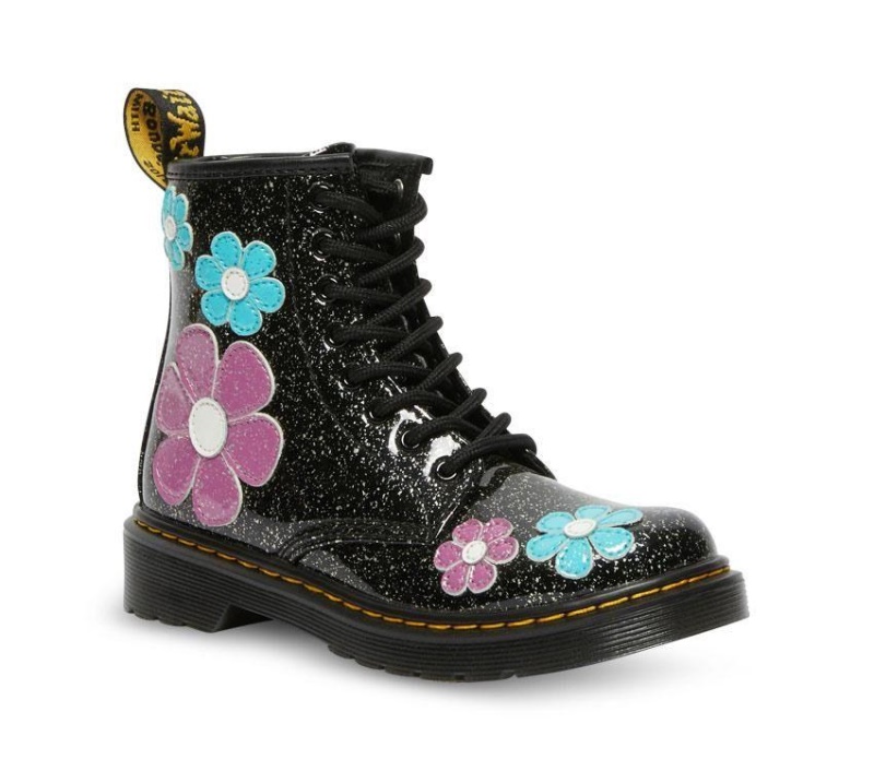 Negro (black Base Large Silver Glitter)/turquoise Blue Dr.martens Botas Junior 1460 Glitter Charol