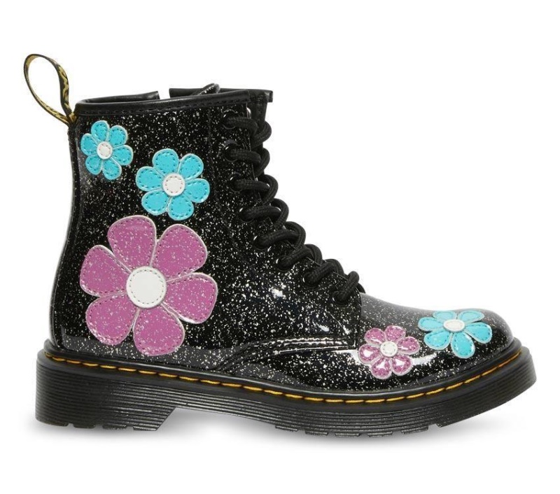 Negro (black Base Large Silver Glitter)/turquoise Blue Dr.martens Botas Junior 1460 Glitter Charol