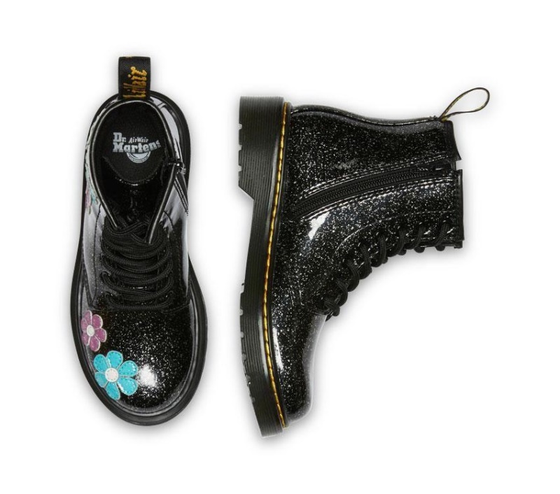 Negro (black Base Large Silver Glitter)/turquoise Blue Dr.martens Botas Junior 1460 Glitter Charol