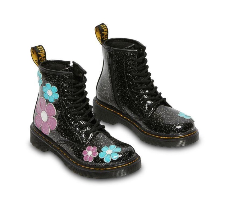 Negro (black Base Large Silver Glitter)/turquoise Blue Dr.martens Botas Junior 1460 Glitter Charol