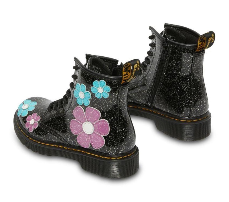 Negro (black Base Large Silver Glitter)/turquoise Blue Dr.martens Botas Junior 1460 Glitter Charol