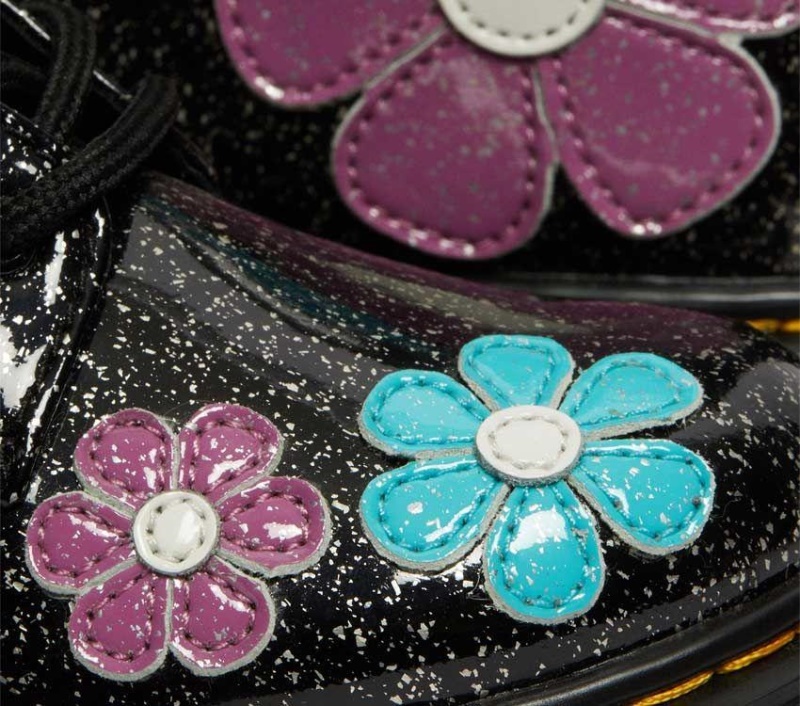 Negro (black Base Large Silver Glitter)/turquoise Blue Dr.martens Botas Junior 1460 Glitter Charol